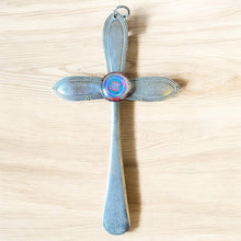 Load image into Gallery viewer, Beautiful crucifix cross hanging ornament made from upcycled silver plated cutlery
