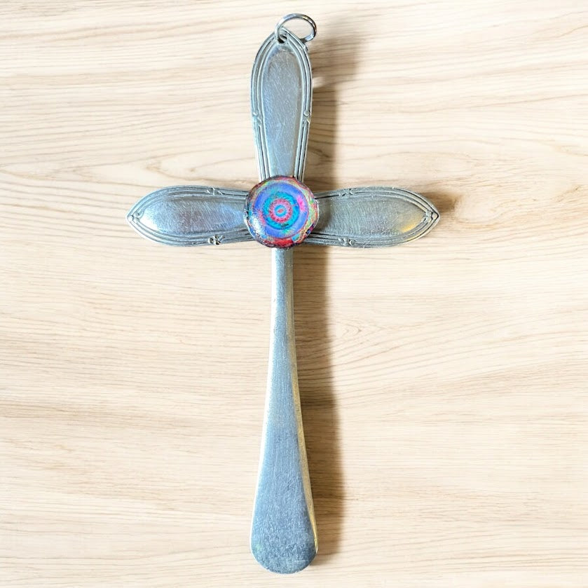 Beautiful crucifix cross hanging ornament made from upcycled silver plated cutlery