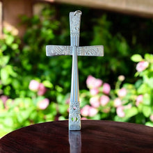 Load image into Gallery viewer, Beautiful crucifix cross hanging ornament made from upcycled silver plated cutlery
