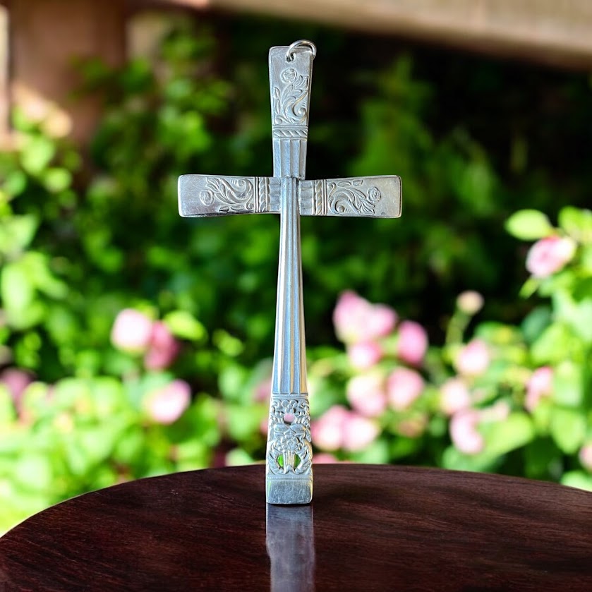 Beautiful crucifix cross hanging ornament made from upcycled silver plated cutlery
