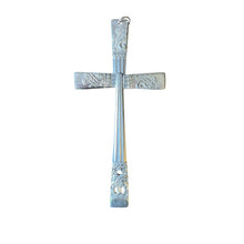 Load image into Gallery viewer, Beautiful crucifix cross hanging ornament made from upcycled silver plated cutlery
