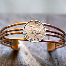 Load image into Gallery viewer, Upcycled and repurposed copper wire bracelet with lovley 1951 farthing coin
