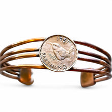 Load image into Gallery viewer, Upcycled and repurposed copper wire bracelet with lovley 1951 farthing coin
