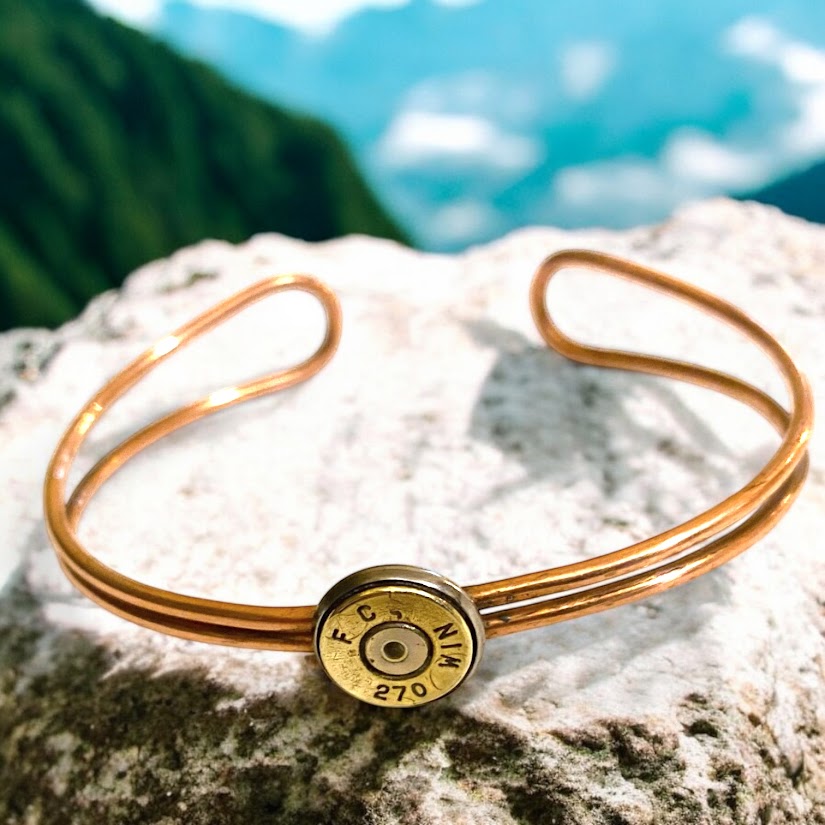 Upcycled and repurposed wire copper bracelet and bullet case end