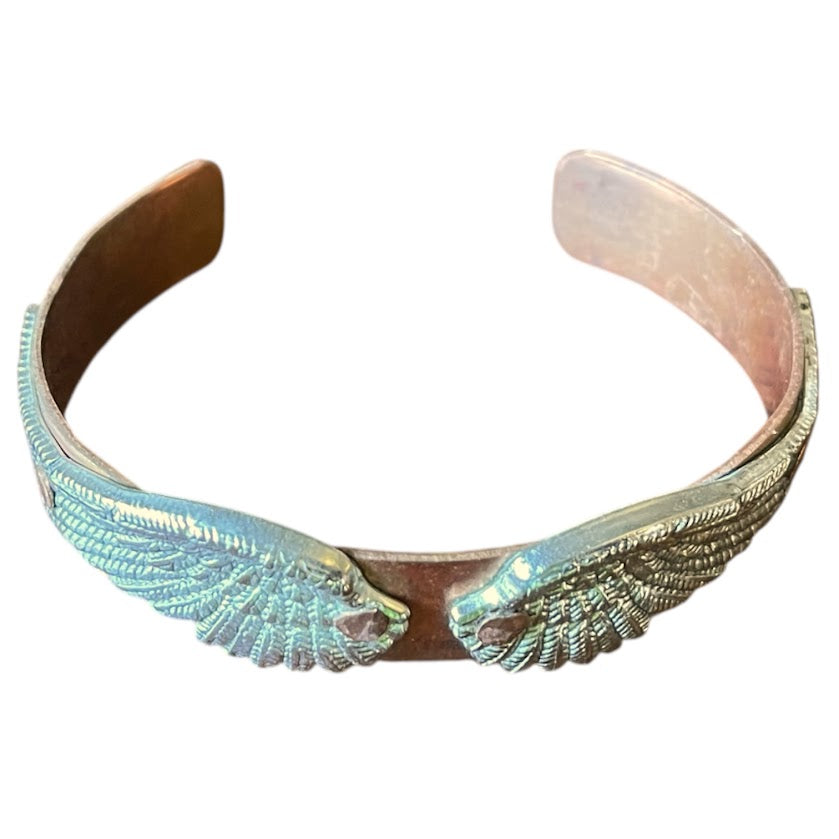 Upcycled and repurposed solid copper bracelet with wings