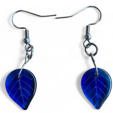 Load image into Gallery viewer, Upcycled repurposed beautiful blue glass bead leaf earrings
