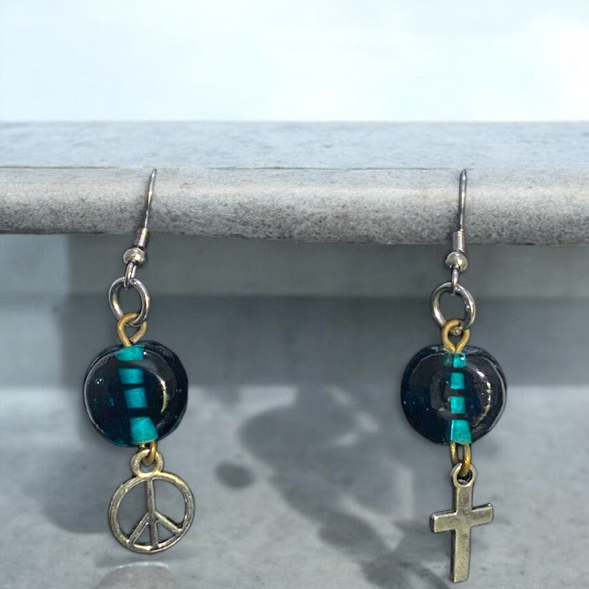 Upcycled repurposed blue glass bead earings