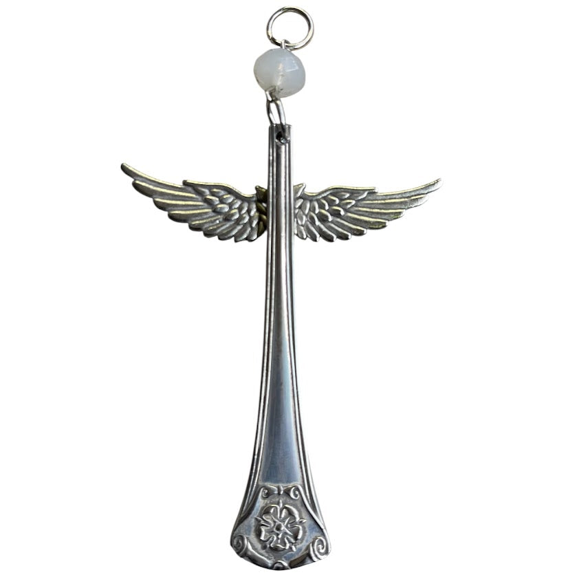 Pretty guardian angel hanging ornament made from upcycled silver plated cutlery & glass bead