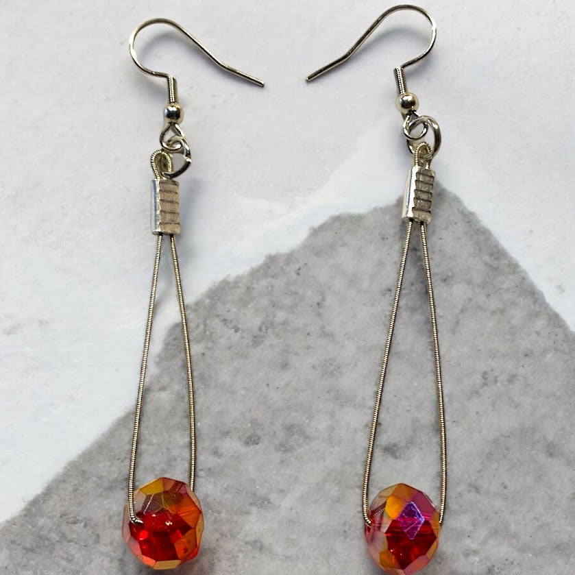 Upcycled repurposed guitar string with beautiful vintage orange sparkle bead earrings