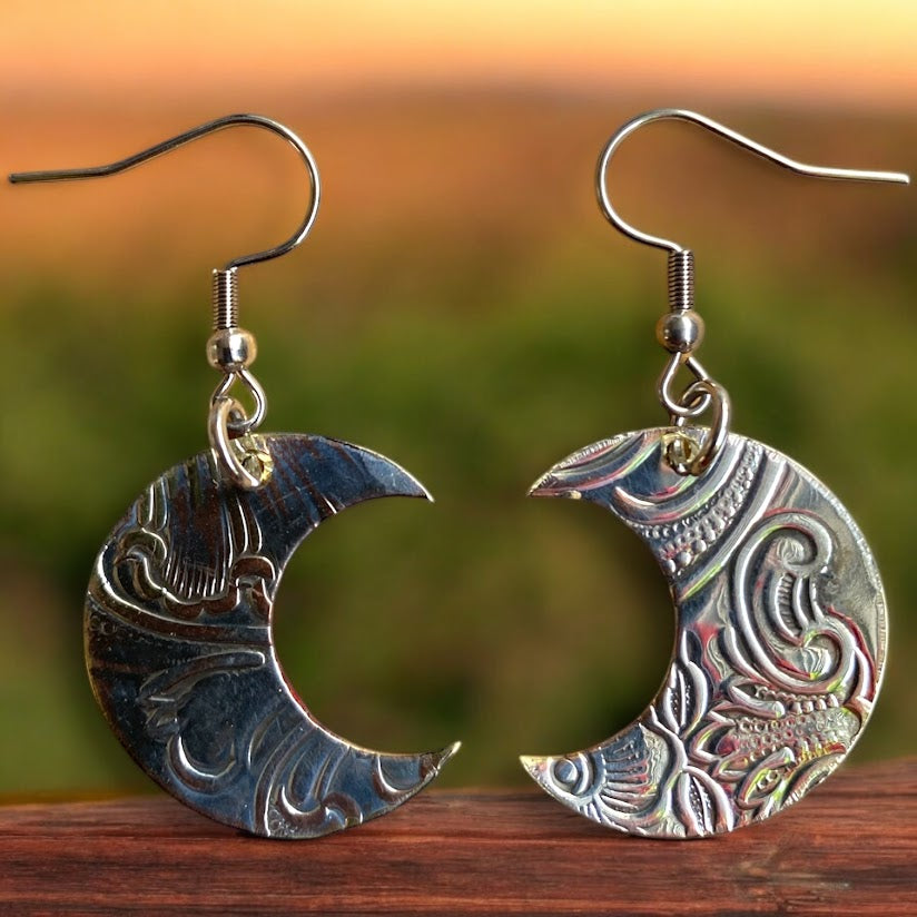 Upcycled repurposed vintage silver tray moon earings