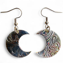 Load image into Gallery viewer, Upcycled repurposed vintage silver tray moon earings
