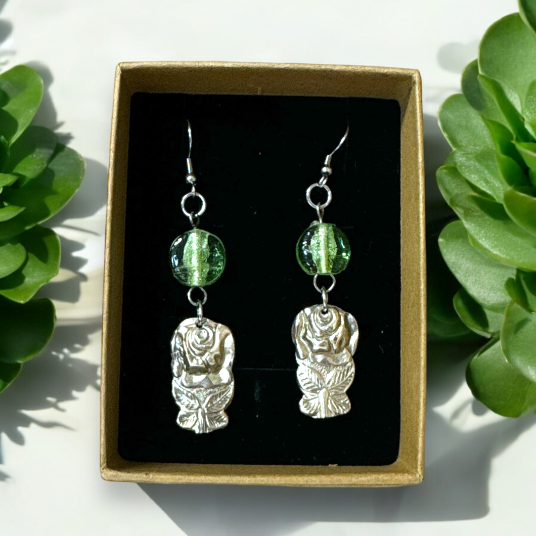 Upcycled repurposed silver plated roses & green glass bead earrings
