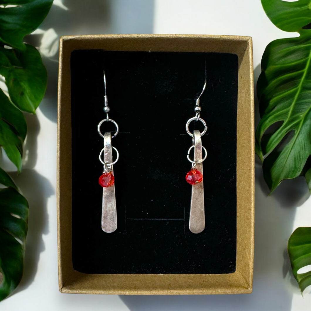 Upcycled repurposed silver plated drop with red glass bead earrings