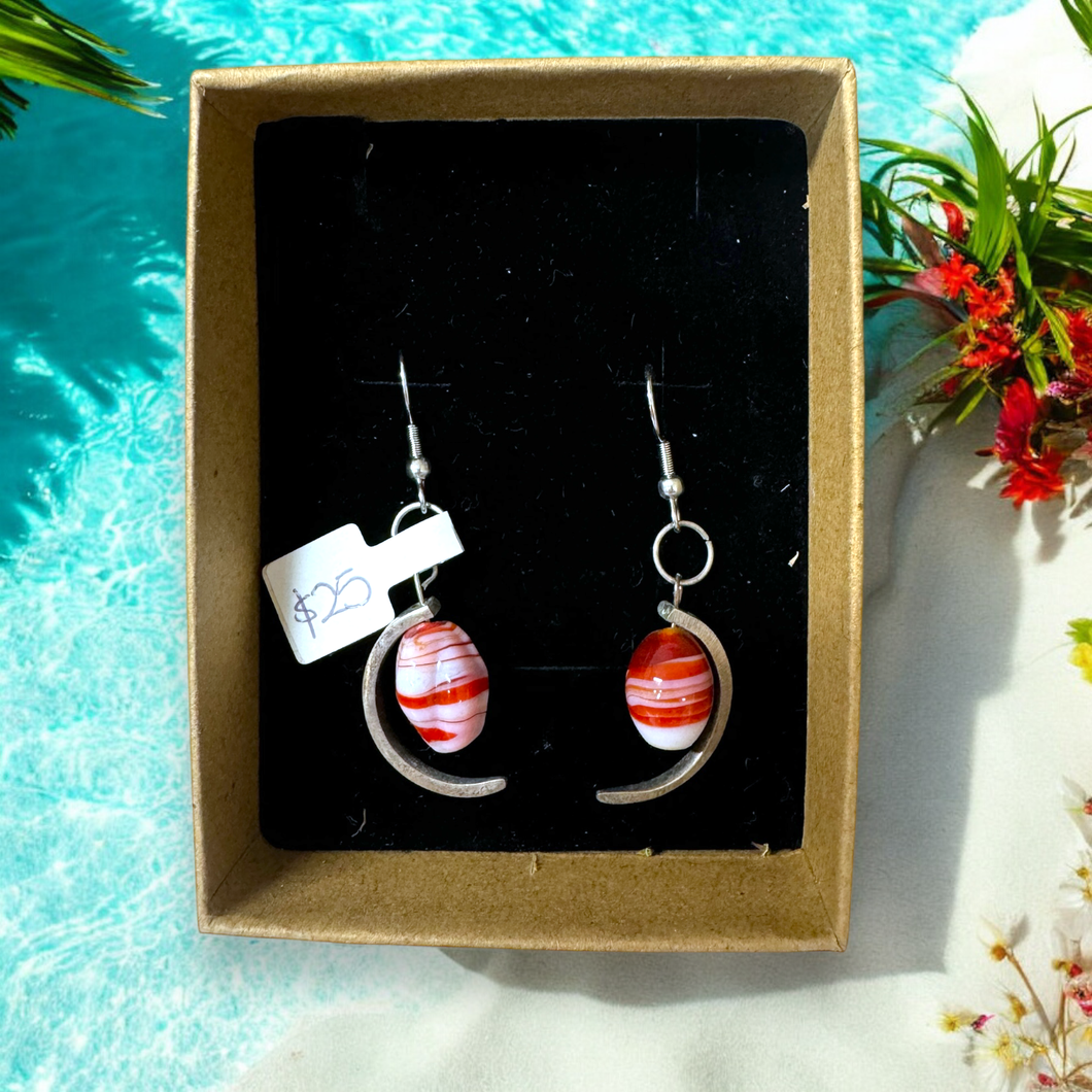 Upcycled repurposed silver plated crescent moon with red & white glass beads earrings