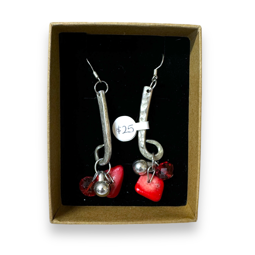 Upcycled repurposed silver plated textured drop with red beads earrings