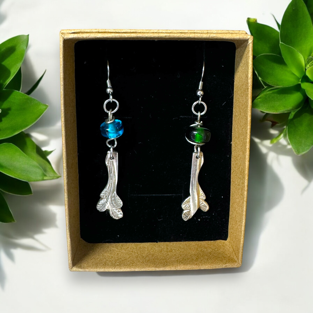 Upcycled repurposed ornate silver plated spoon ends with glass bead earrings