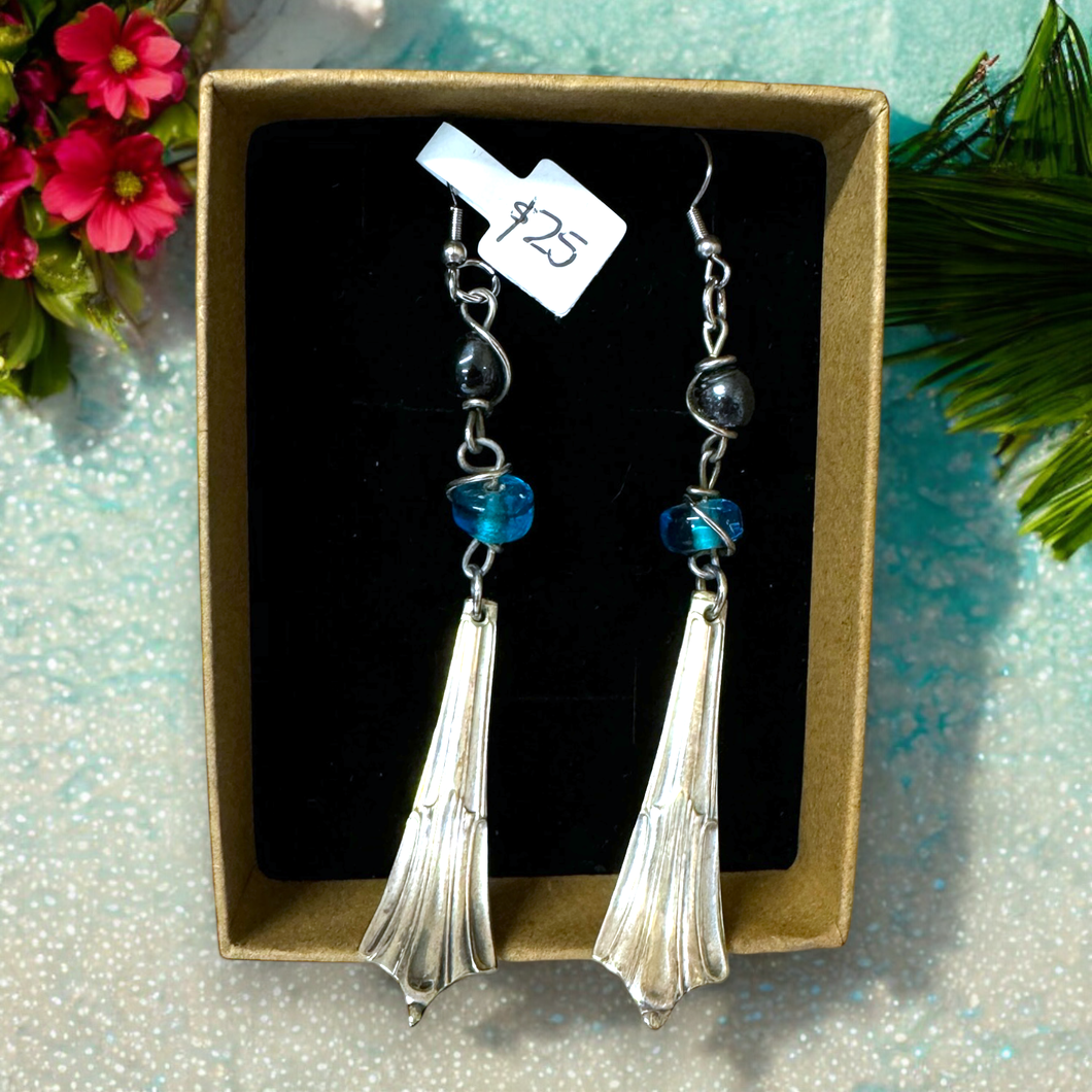 Upcycled repurposed ornate silver plated spoon ends with blue glass bead earrings