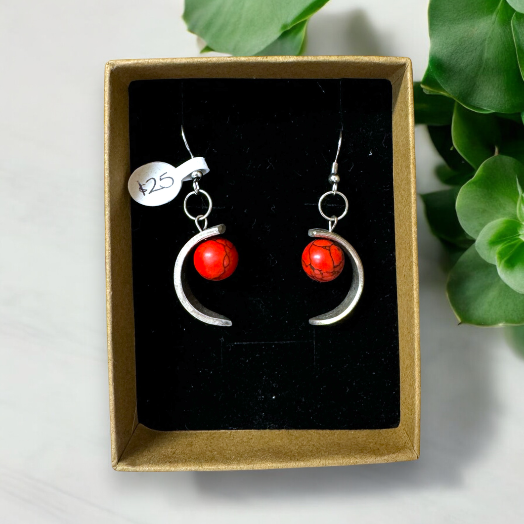 Upcycled repurposed ornate silver plated crescent moon with red bead earrings