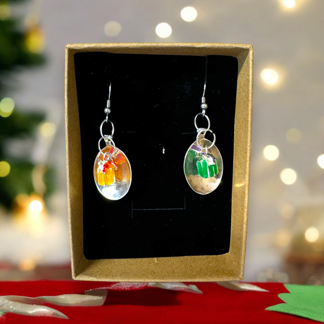 Upcycled repurposed silver plated spoon ends with Christmas gift earrings