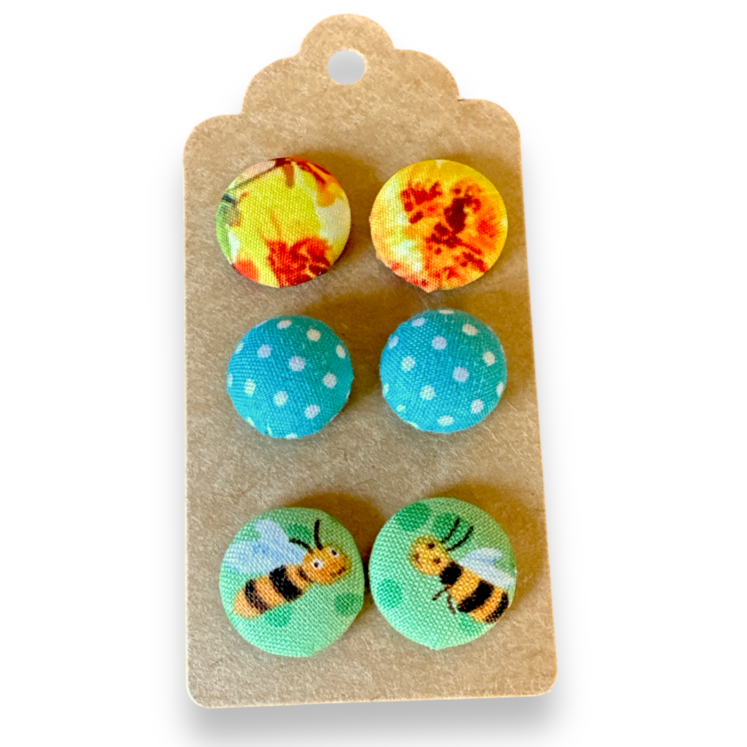 Upcycled fabric covered stud earrings with stainless steel posts - SET OF 3 bees dots & flowers