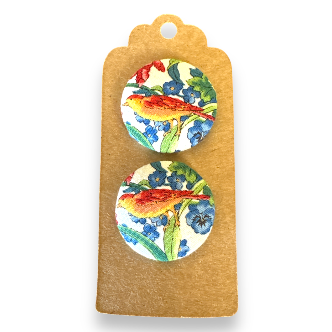 Upcycled fabric covered stud earrings with stainless steel posts - vintage birds