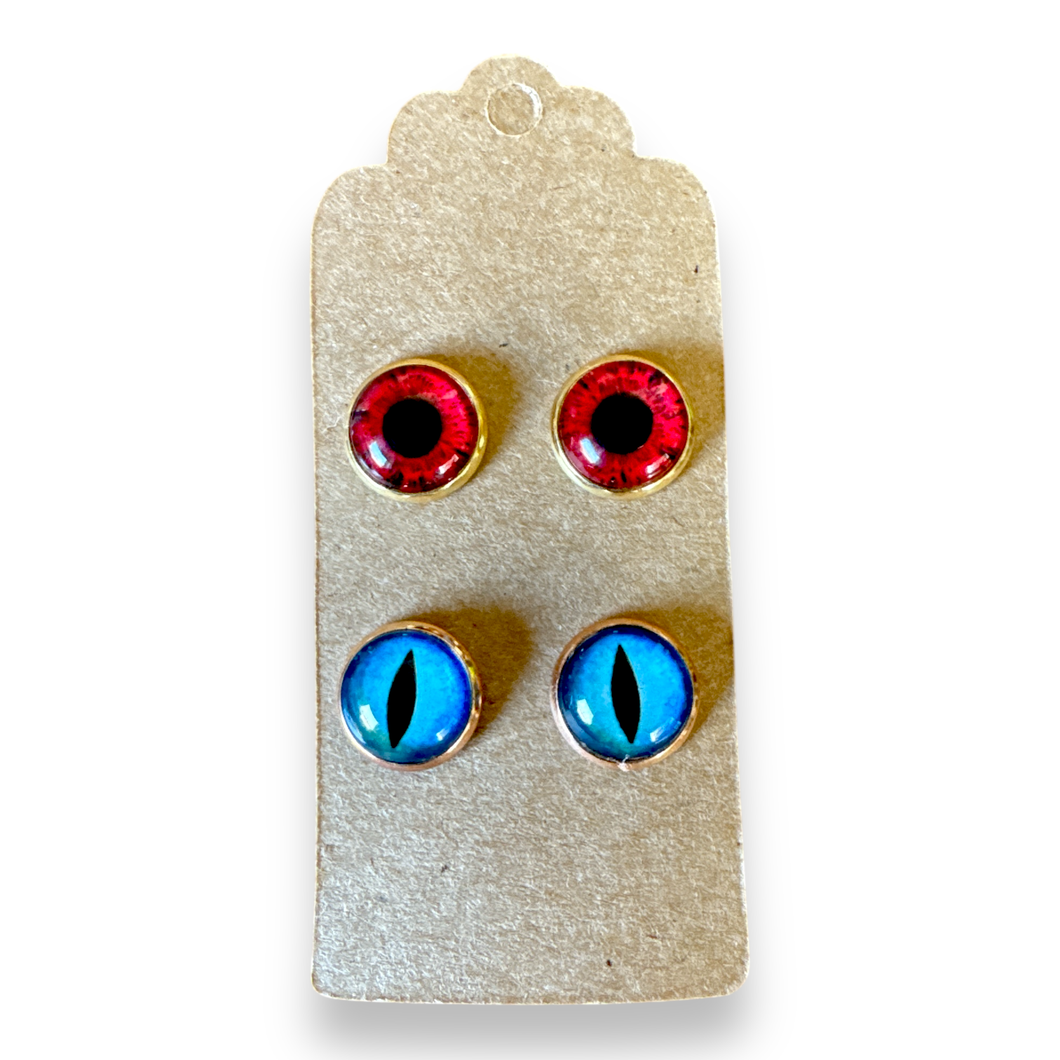 Upcycled two pairs of glass stud earrings with stainless steel posts - red and blue eyes