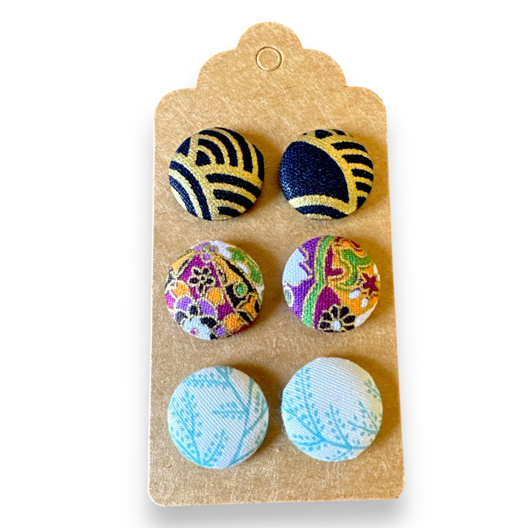Upcycled fabric covered stud earrings with stainless steel posts - SET OF 3 Classics