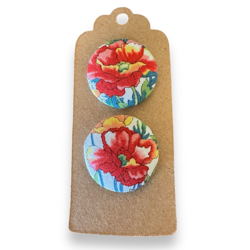 Upcycled fabric covered stud earrings with stainless steel posts - wild red poppies
