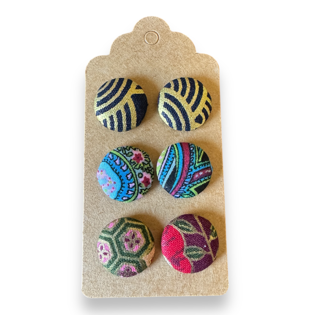 Upcycled fabric covered stud earrings with stainless steel posts - SET OF 3 Art Deco