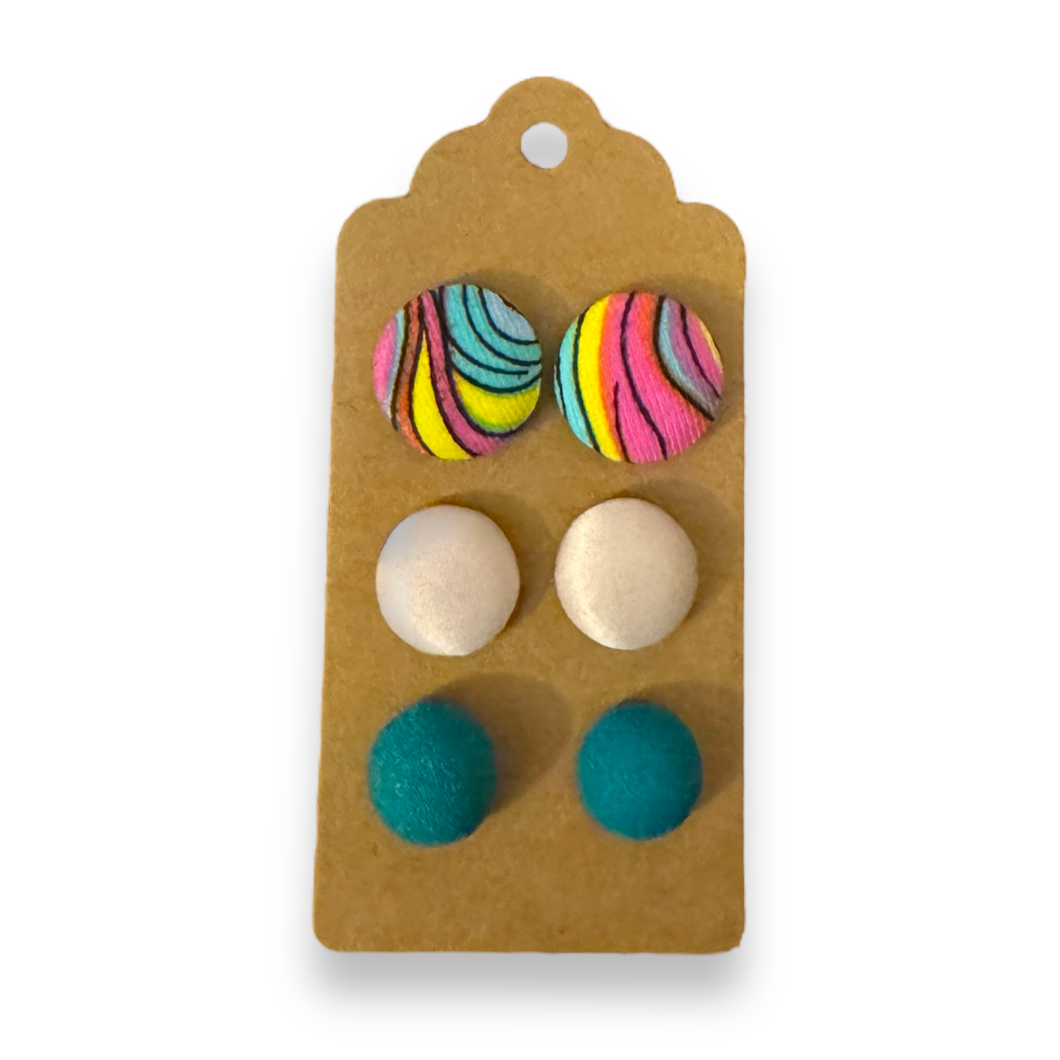 Upcycled fabric covered stud earrings with stainless steel posts - Set of 3 pretty brights