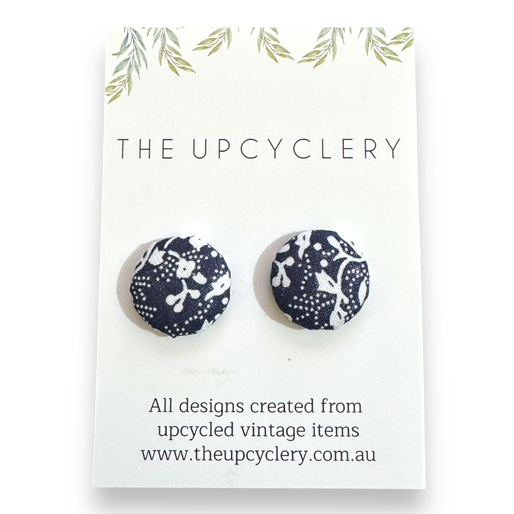 Upcycled fabric covered stud earrings with stainless steel posts - NAVY & WHITE FLORAL