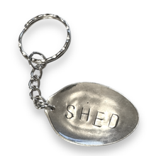 Load image into Gallery viewer, Upcycled repurposed silver plated SHED keys KEYRING made from vintage spoon
