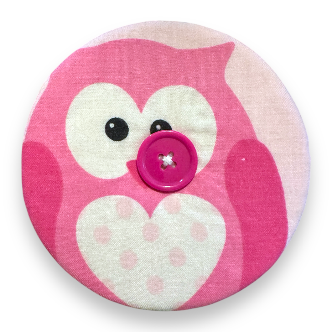 Upcycled double sided round padded playing card holder for kids or adults PINK OWL
