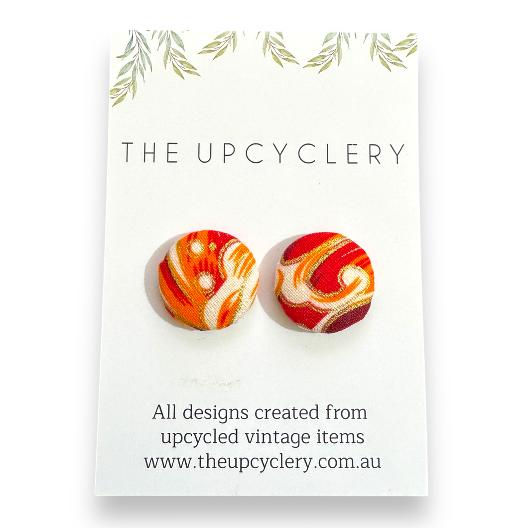 Upcycled fabric covered stud earrings with stainless steel posts - RED ORANGE GOLD