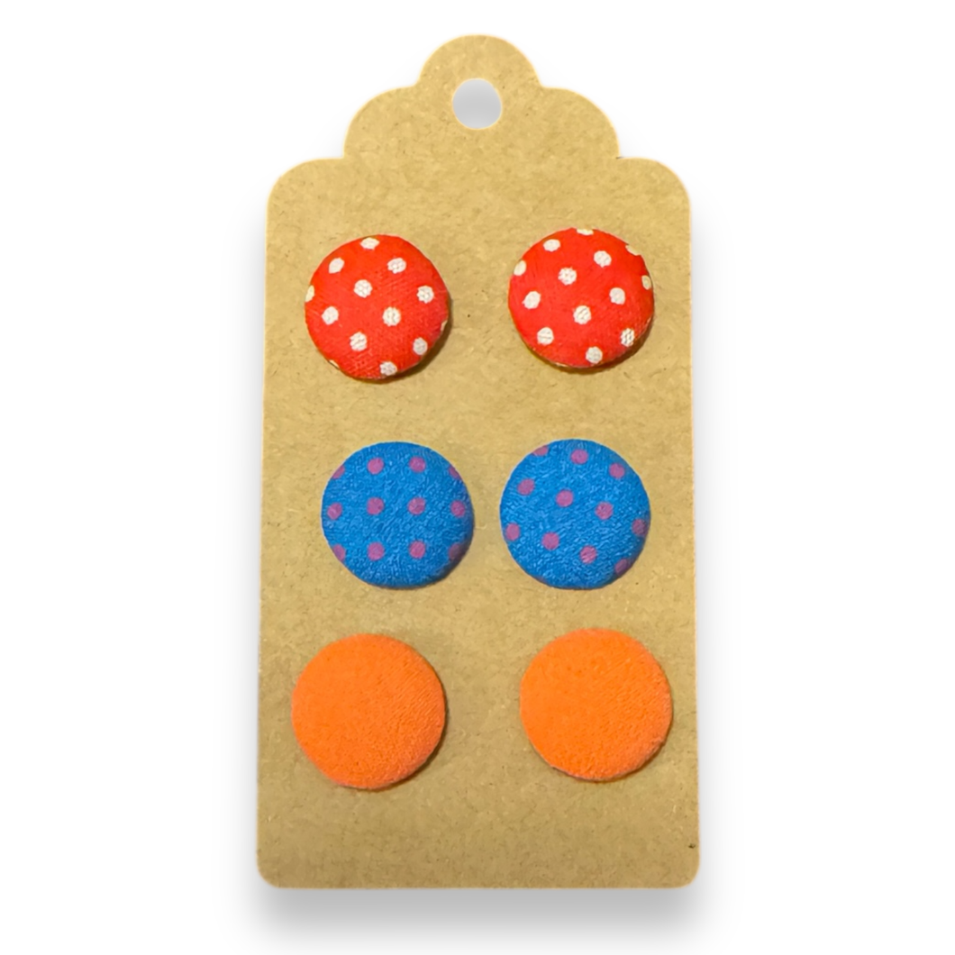 Upcycled fabric covered stud earrings with stainless steel posts - SET OF 3 brights