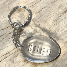 Load image into Gallery viewer, Upcycled repurposed silver plated SHED keys KEYRING made from vintage spoon
