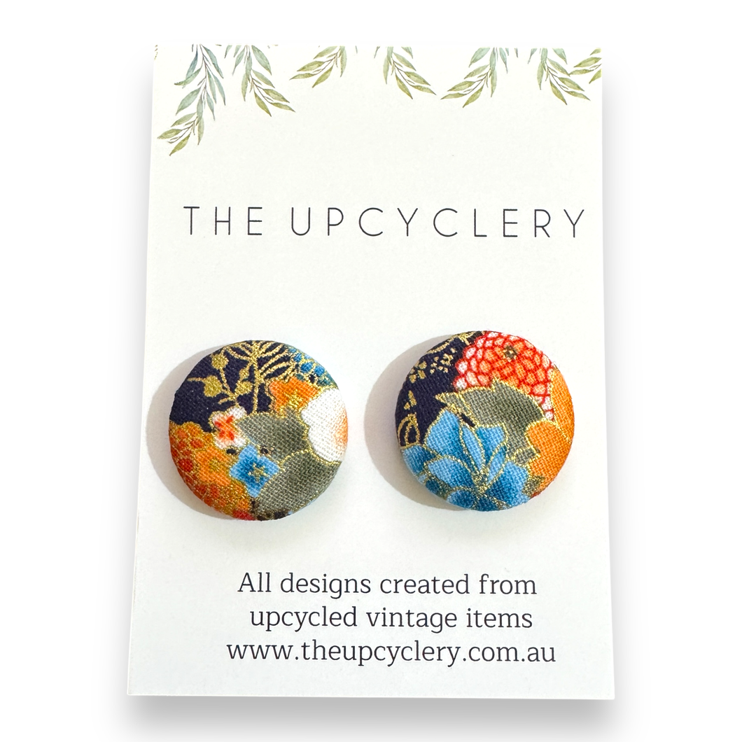 Upcycled fabric covered stud earrings with stainless steel posts - FLORAL GOLD