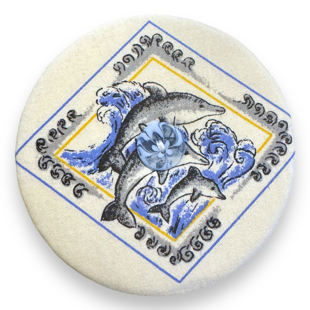 Upcycled double sided round padded playing card holder for kids or adults DOLPHINS