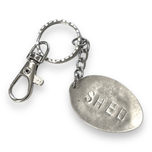 Load image into Gallery viewer, Upcycled repurposed silver plated SHED keys KEYRING made from vintage spoon
