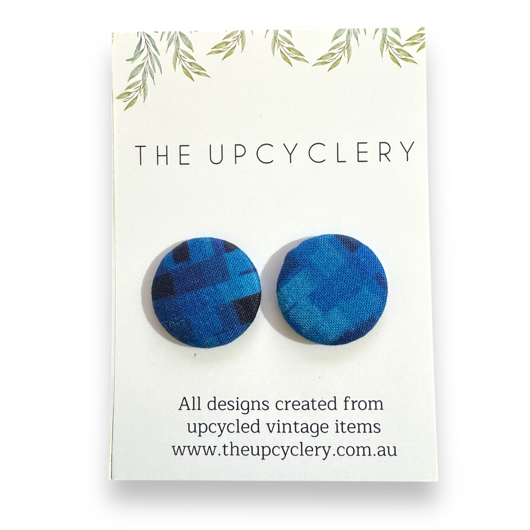 Upcycled fabric covered stud earrings with stainless steel posts - BLUE MINECRAFT