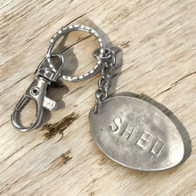 Load image into Gallery viewer, Upcycled repurposed silver plated SHED keys KEYRING made from vintage spoon
