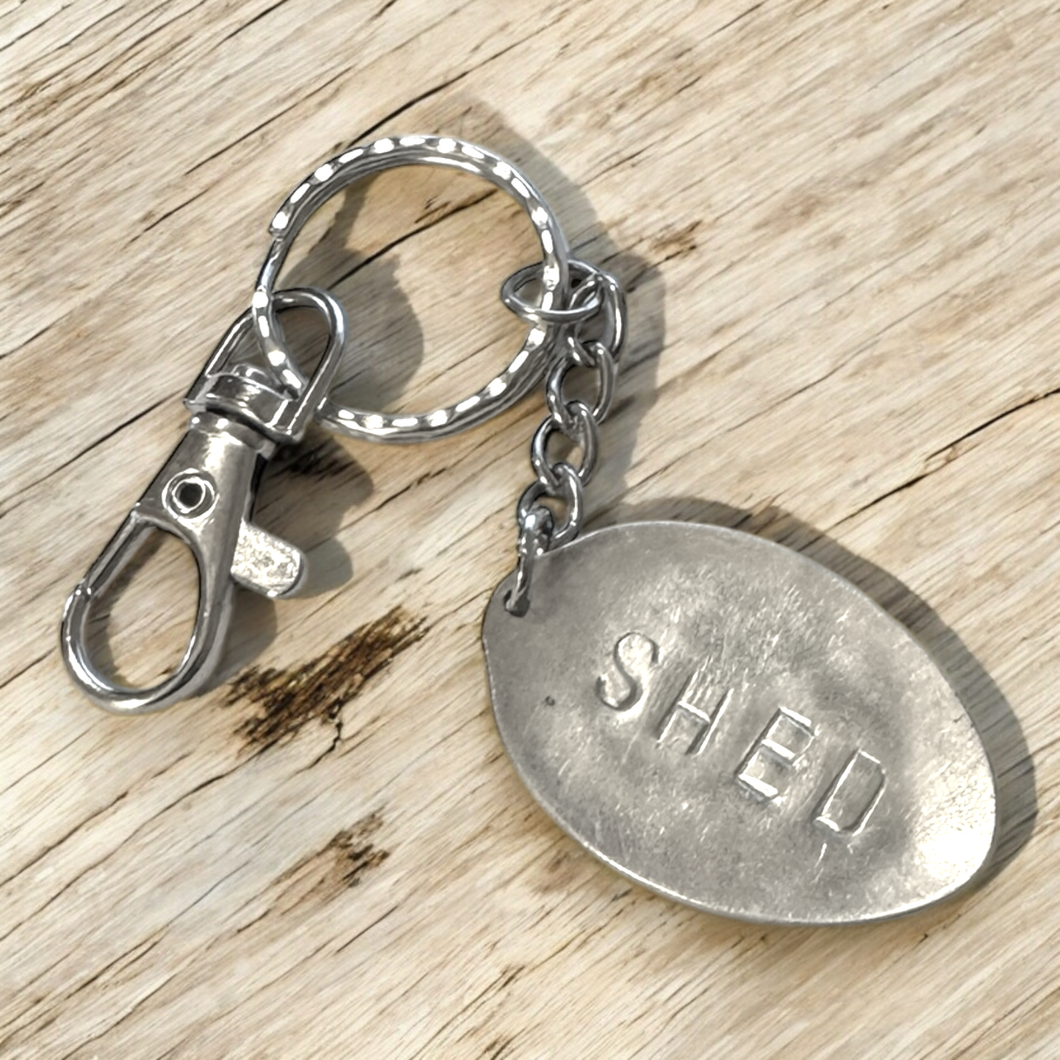 Upcycled repurposed silver plated SHED keys KEYRING made from vintage spoon