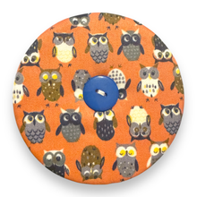 Load image into Gallery viewer, Upcycled double sided round padded playing card holder for kids or adults ORANGE OWLS
