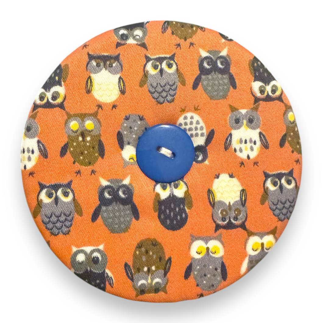 Upcycled double sided round padded playing card holder for kids or adults ORANGE OWLS