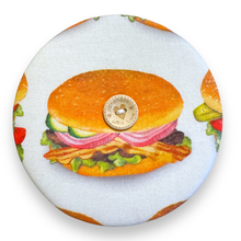 Load image into Gallery viewer, Upcycled double sided round padded playing card holder for kids or adults BURGER HONEY

