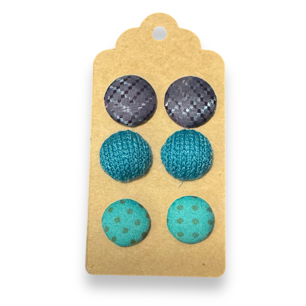 Upcycled fabric covered stud earrings with stainless steel posts - SET OF 3 blues n greens