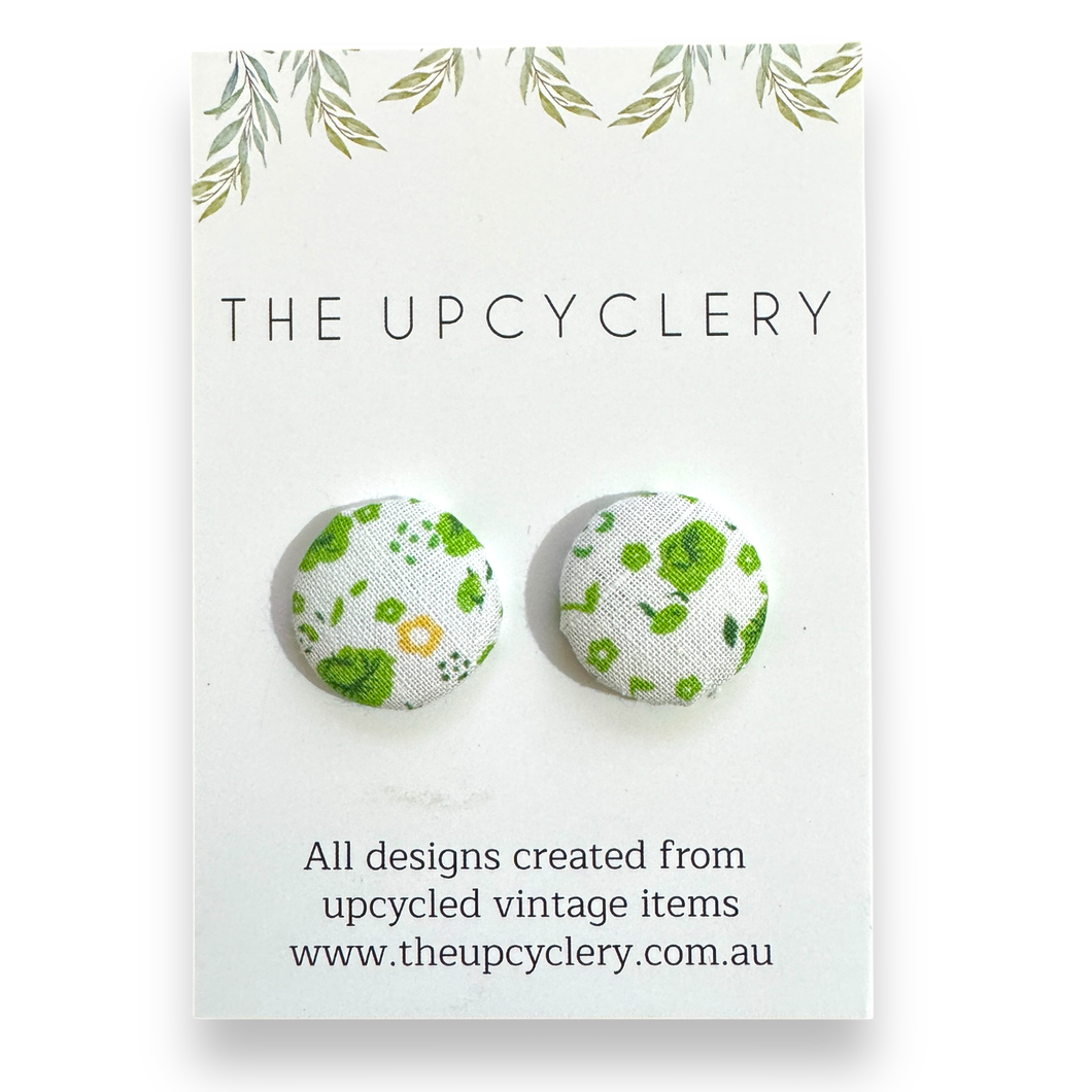 Upcycled fabric covered stud earrings with stainless steel posts - FRESH WHITE & GREEN