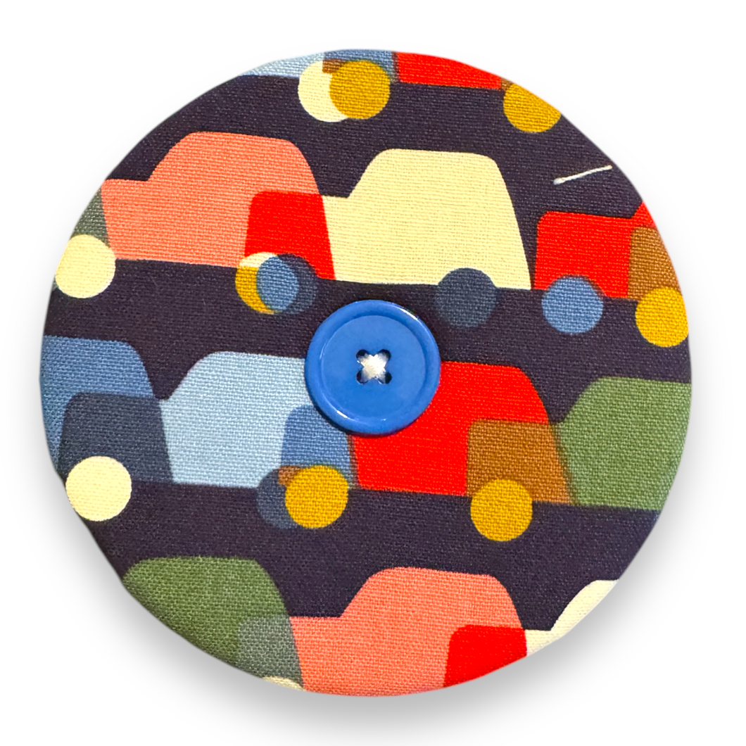 Upcycled double sided round padded playing card holder for kids or adults CARS