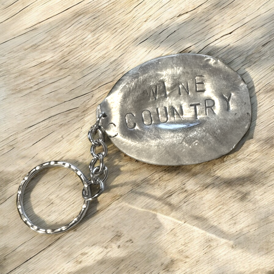 Upcycled repurposed silver plated WINE COUNTRY keys KEYRING made from vintage spoon