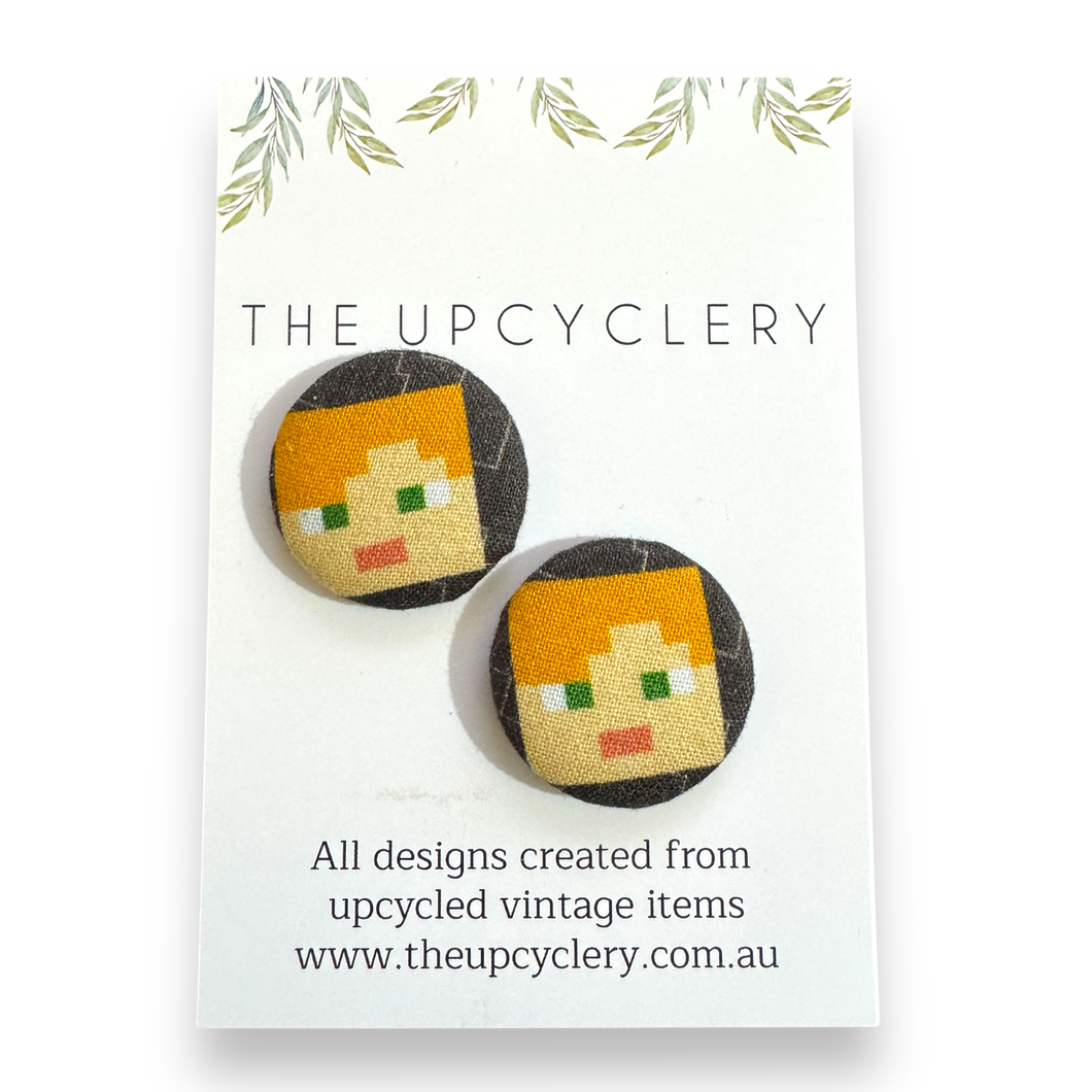Upcycled fabric covered stud earrings with stainless steel posts - MINECRAFT
